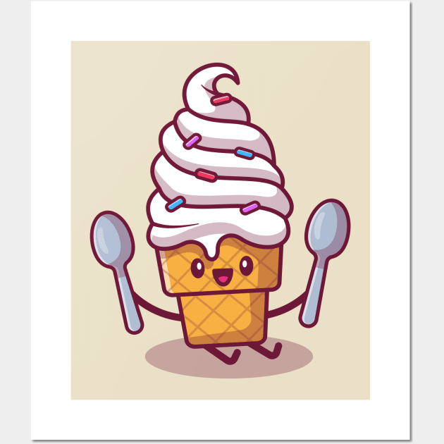 Cute Ice Cream Sitting And Holding Spoons Wall Art by Catalyst Labs